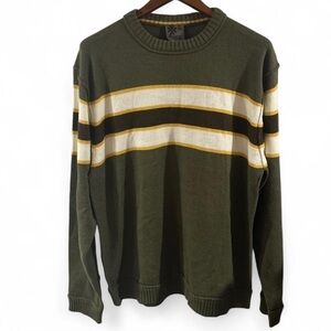 Vintage Retro Men’s Olive Green Striped Crewneck Sweater Size XL